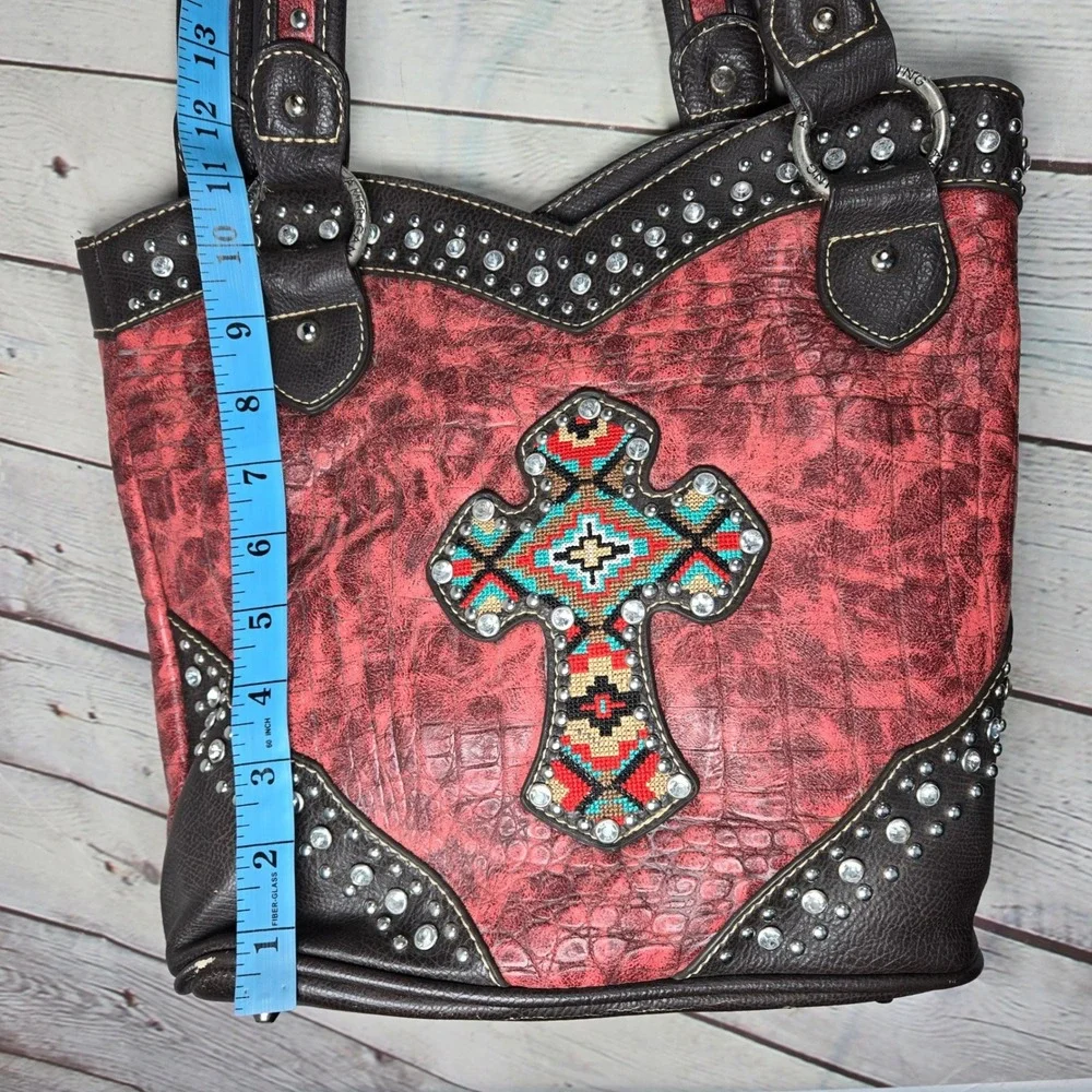 American Bling Western Cross Shoulder Bag Red Croc Embossed Rhinestone Studded - Picture 13 of 16